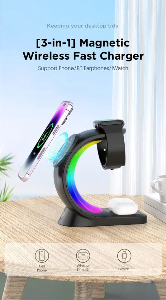 3 In 1 Magnetic Wireless Charger For Smart Phone, Smart Watch & Headphones
